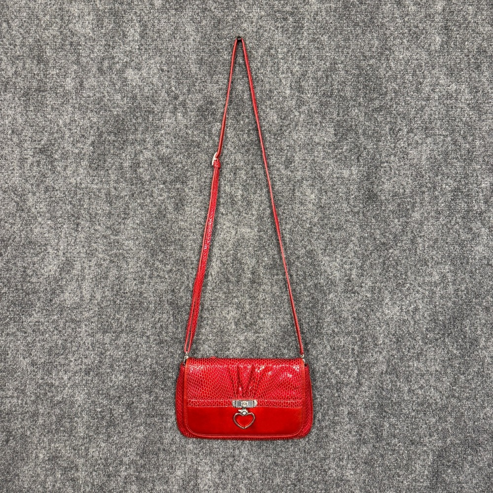 Vintage Brighton Red Snakeskin Embossed Leather Crossbody Flap Bag Silver Heart - Picture 2 of 16